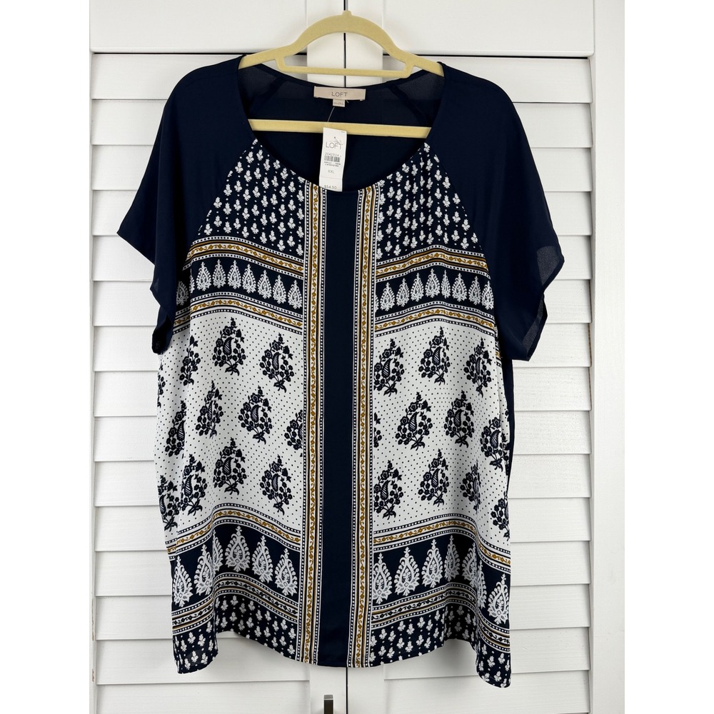 LOFT Blouse XXL Navy Medallion Print Short Sleeve Mixed Media NEW
